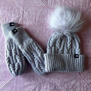 The North Face Gray Cable Knit Hat and Mittens